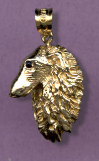 14K Gold Small Borzoi Head 3/4 View with Sapphire Eye