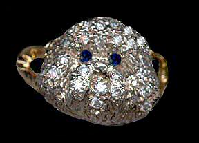 14K Gold Bichon Frisé Head Ring Pavé with Diamonds and Sapphire Eyes