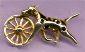14K Gold Trotting Dalmatian with Sapphire Spots and Small Old-Fashioned Fire Truck Wheel