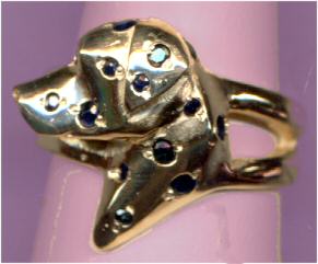 14K Gold Dalmatian Head Ring with Sapphire Spots on Plain Y Shank