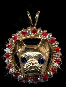 14K Gold French Bulldog Head with Sapphire Eyes in Diamond & Ruby Bezel