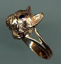 14K Gold Frenchie Head Ring on Y Band -- Sapphire Eyes