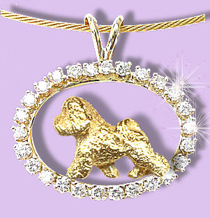 14K Gold Bichon Frise Trotting in Our Exclusive Diamond Oval