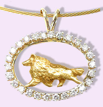 14K Gold Shetland Sheepdog Trotting in Our Exclusive Diamond Oval