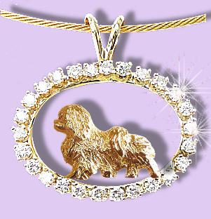 14K Gold Tibetan Spaniel Trotting in our  Exclusive Diamond Oval