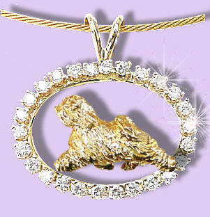 14K Gold Tibetan Terrier Trotting in our  Exclusive Diamond Oval