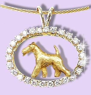 14K Gold Wire Fox Terrier Trotting in Our Exclusive Diamond Oval