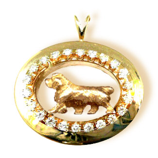 ONE of a KIND 14K Gold Clumber Spaniel in Shadow Box enhanced with 1.2 carats of full cut diamonds, or your Gemstone choice