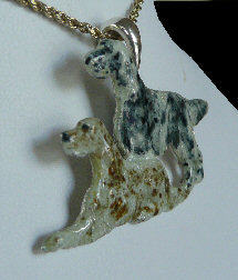 14K Gold or Sterling Silver Standing and Sitting English Setters with Enamel Artwork-Front View