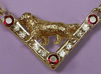 14K Gold Golden Retriever Necklace with diamonds and rubies-Closeup