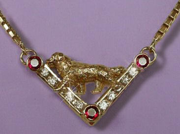 14K Gold Golden Retriever Necklace with diamonds and rubies