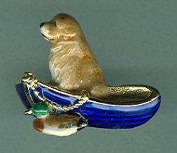 14K Gold and Enamel Golden Retriever in Boat with Duck