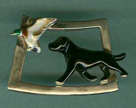 14K Gold with Enamel Artwork Black Labrador Retriever with Flying Duck in 14K Glossy Frame