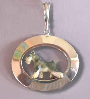14K Gold or Sterling Silver Minature Schnauzer with Enamel Artwork in Glossy Oval