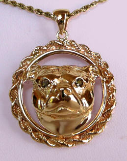 14K Gold or Sterling Silver Staffordshire Bull Terrier Head with Black Diamond Eyes in Classic Rope