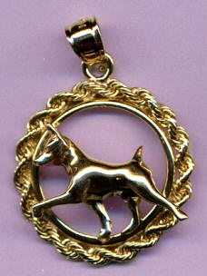 14K Gold Miniature Pinscher with Hackney Gait in Classic Rope Bezel ( Min Pin )