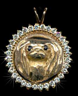14K Gold Pekingese Head in 1.2 Carats of Full Cut Gemstones
