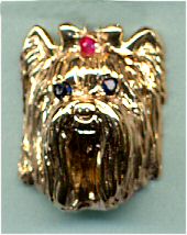 14K Gold Yorkshire Terrier Head Ring with Sapphire Eyes and RUBY BOW - Front View