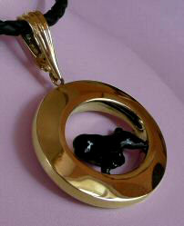 14K Gold or Sterling Glossy Oval with Enamel Trotting Newfoundland Jewelry - Front View