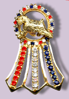 14K Gold Best in Show Rosette with Your Breed in Center and Flaring Streamers (shown with Bouvier)
