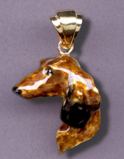14K Gold and Enamel Large Long Haired Red Dachshund Head