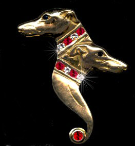 14K Gold Italian Greyhound Double Head with Full Cut Gemstone Collars and Sapphire Eyes