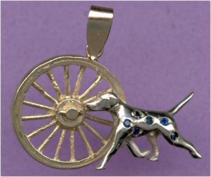 14K Gold Trotting Dalmatian with Large Old-Fashioned Fire Truck Wheel-Sapphire Spots