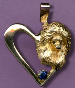 14K Gold Poodle Head in Heart with Sapphire Eyes and 1/4 Carat Sapphire