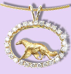 14K Gold Borzoi Trotting in Our Exclusive Diamond Oval with 1.2 carats of brilliant cut Diamonds/Gemstones