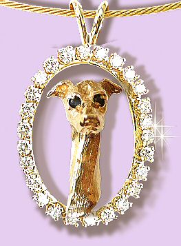 14K Gold Italian Greyhound Head with Black Diamond Eyes in Our Exclusive Diamond Oval