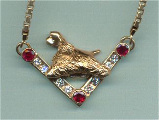 14K Gold Cocker Spaniel Ruby and Diamond V Necklace-1 Carat of Rubies and .64 Carats of Diamonds with 16" Box Chain