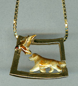 14K Gold and Enamel Golden and Duck on 14K GLOSSY Gold Trapezoid Necklace with Box Chain