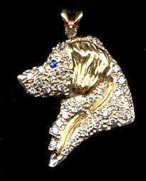 14K Gold Golden Retriever Head Pavé with Full Cut Diamonds, Sapphire Eye