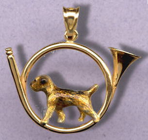 18K Gold and Enamel Border Terrier in 14K Gold Hunting Horn 