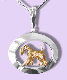 14K Gold or Sterling Kerry Blue Terrier Trotting on Glossy Wide Oval with our Exclusive Enhancer Bail