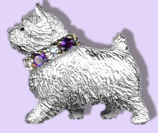 Sterling Large Trotting Norwich Terrier Pendant with Diamond and Amethyst Collar and Black Diamond Eye