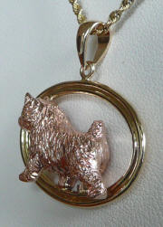 14K Gold Norwich Terrier in PINK GOLD trotting in Yellow Gold Oval-Rear Side View