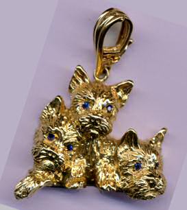 14K Gold Norwich Puppies with Sapphire Eyes and Enhancer Bail