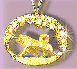 14K Gold Alaskan Malamute Trotting in Our Exclusive 14K Gold Scene Bezel with 1.5 Carats of Brilliant Cut Diamonds