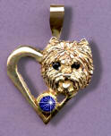 14K Gold Cairn Terrier Head in Heart with 1/4 Carat Full Cut Sapphire