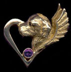 14K Gold Dog Jewelry Golden Retriever  Head with Wings in Heart with Amethyst