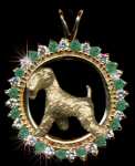 14K Gold Dog Jewelry Soft Coated Wheaten Terrier in Emerald and Diamond Bezel