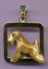 ALL 18K Gold Soft Coated Wheaten Terrier with Enamel Artwork in Glossy Square with Full Cut Emerald Accented Bail