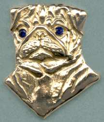 14K Gold Large Flat Pug Head with Sapphire Eyes