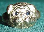 14K Gold Pug Head Ring with Sapphire Eyes on Y Shank