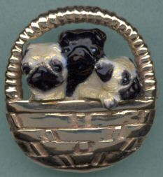 18K Gold and Enamel Pug Puppies in 14K Gold Woven Basket