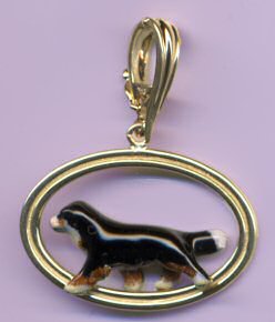 14K Gold with Enamel Artwork Bernese Mountain Dog in Double Oval with Enhancer Bail