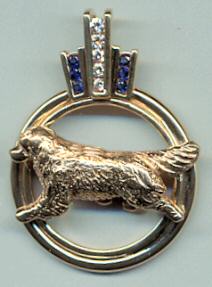 14K Gold Newfoundland Trotting in Double Round Gold Bezel with Vertical Diamonds and Sapphires